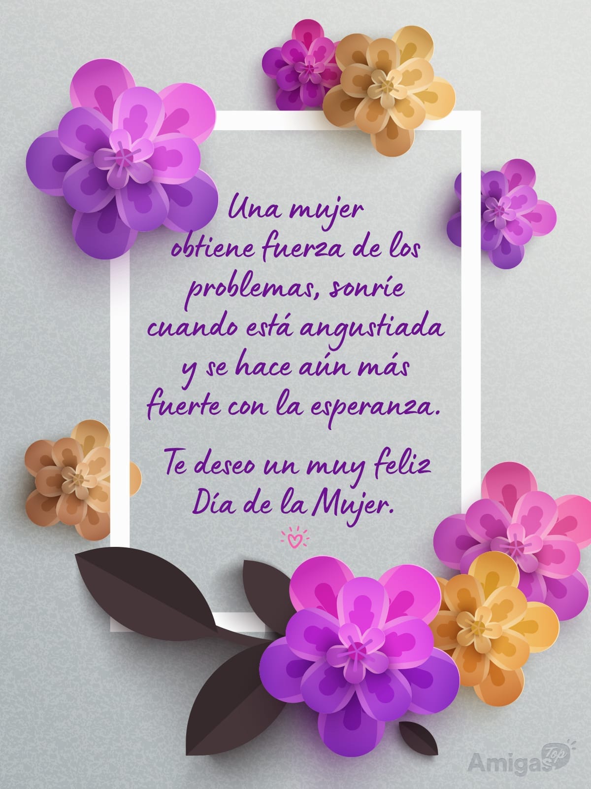 Frases y mensajes para compartir  el Día de la Mujer: Una mujer obtiene fuerza de los problemas, sonríe cuando está angustiada y se hace aún más fuerte con la esperanza.
Te deseo un muy feliz Día de la Mujer.